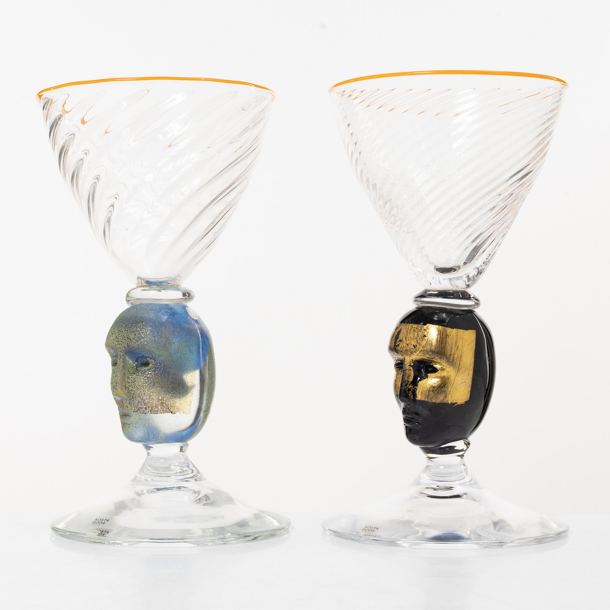 Bertil Vallien, pokalglas, 2 st, Kosta Boda.