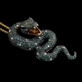 HÄNGE MED KEDJA, 18k guld, orm, gröna tsavoriter tot ca 5.50 ct, rubiner, diamanter tot ca 0.35 ct.