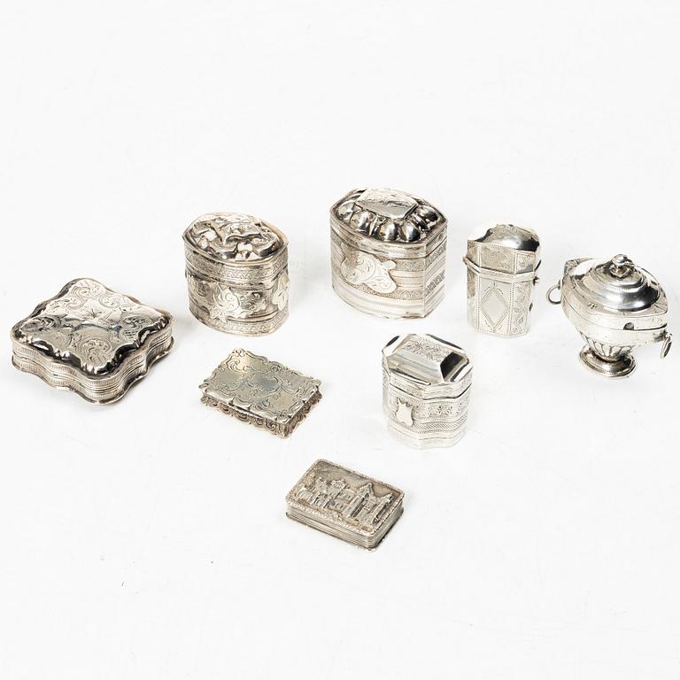 Dosor, 8 st, silver, Holland och England, mestadels 1800-tal.