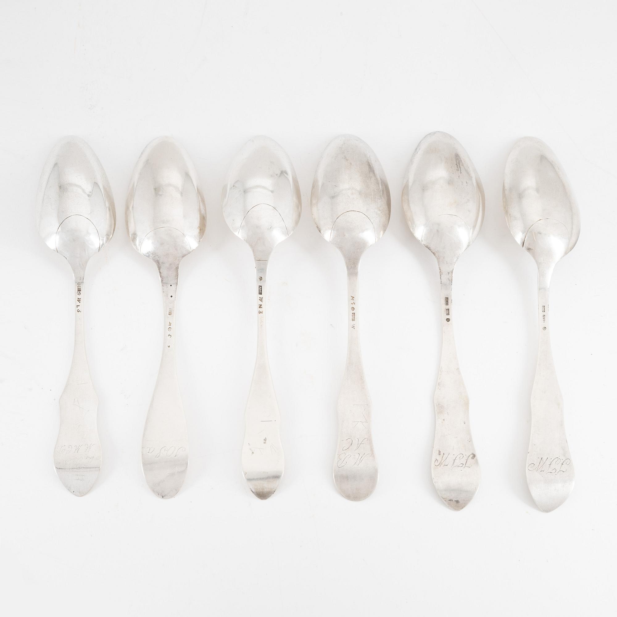 Skedar, 6 st, silver, olika mästare, bl.a. Johan Petter Molér, Visby, 1813. Karl Johan.