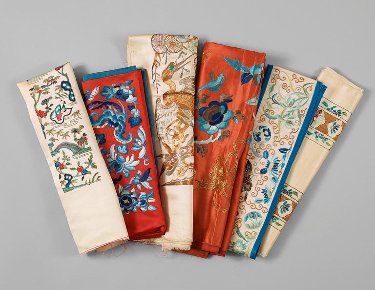 A set of six silk embroideries, late Qing dynasty (1644-1912).