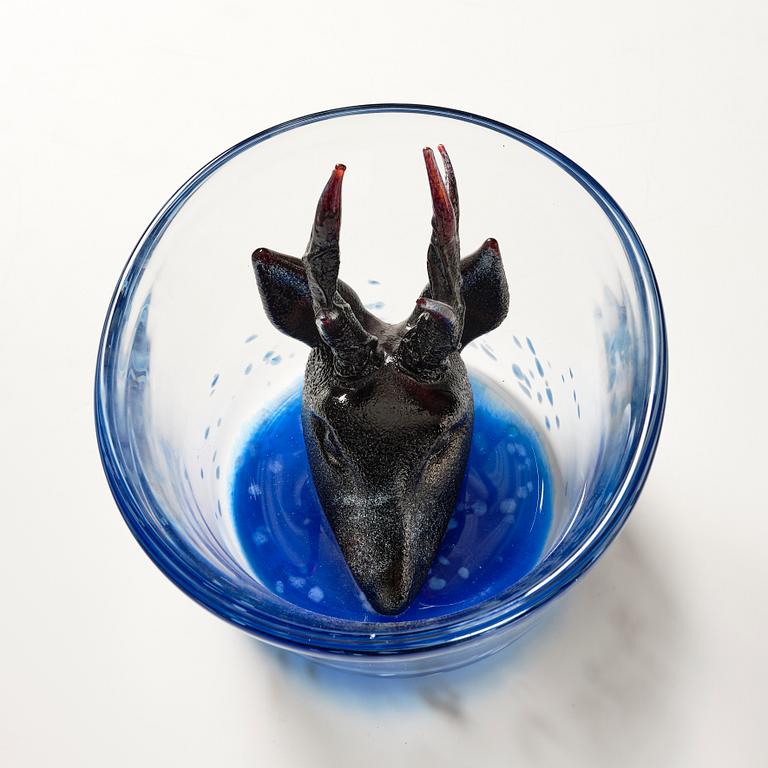 Ernst Billgren, a glass sculpture "Swimming Deer", in wooden box, Kosta Boda, Sweden, lim. ed. 23/30.