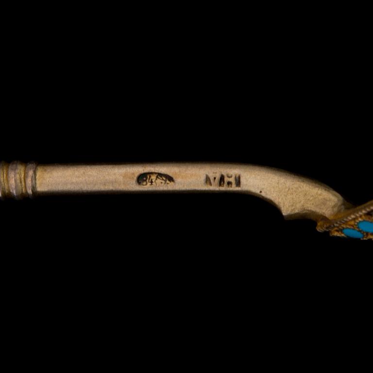 SIX RUSSIAN ENAMEL SPOONS, silver and enamel, Moscow 1896-1907, Nikolai Aleksev.