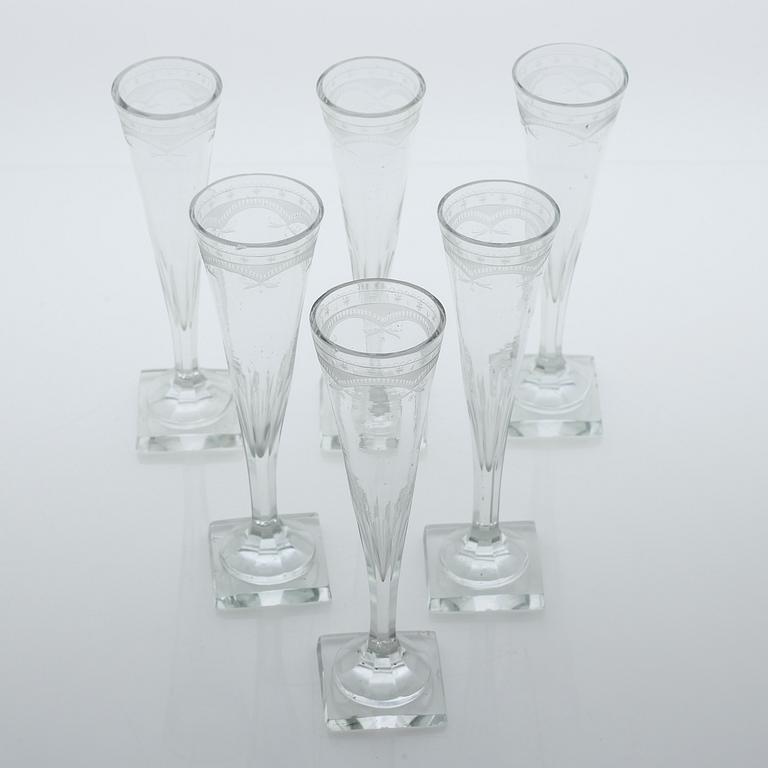 Six gustavian champagne glasses, 18th century/early 19th century.