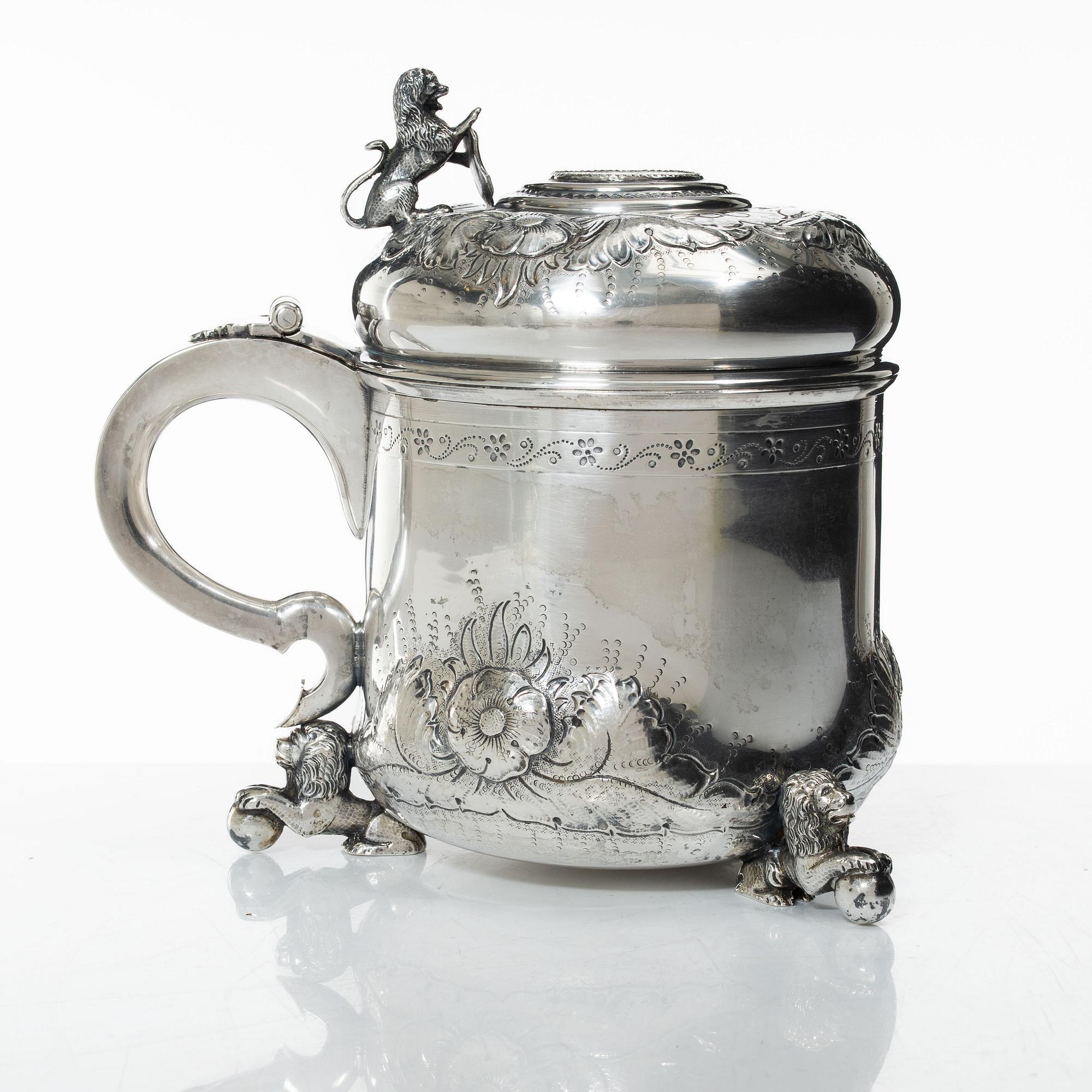A Danish silver baroque style tankard, 20th century.