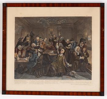 William Hogarth, efter, åtta stycken kolorerade etsningar och gravyrer.