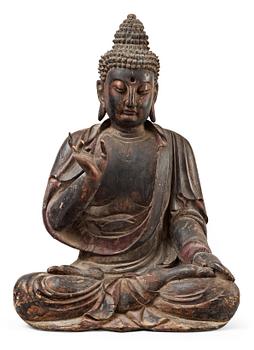 1531. A Japanese partly lacquered wooden seated figure of Buddha, Edo (1603-1868).