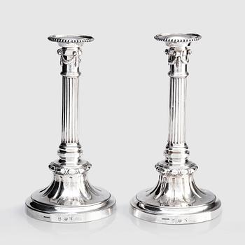 A Swedish pair of Gustavian 18th century silver candelsticks, marks of Pehr Zethelius, Stockholm 1779.