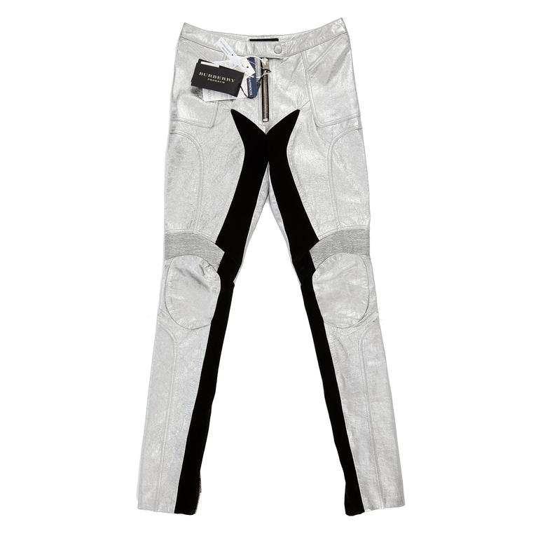 BURBERRY prorsum, a pair of silver colored leather pants. Size 38.