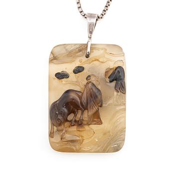 985. An inscribed and well carved agate 'Scholar and attendant' pendant, Qing dynasty, probably 19th century.
