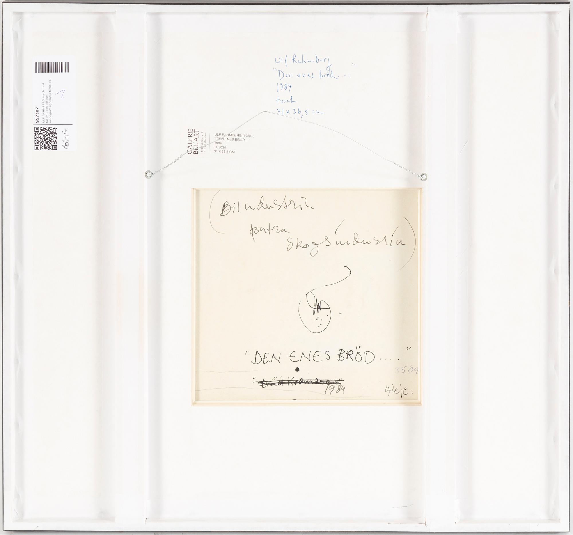 ULF RAHMBERG, mixed media with collage, signed with monogram on verso.