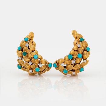 768. A PAIR OF EARRINGS set with turquoises and round brilliant-cut diamonds.