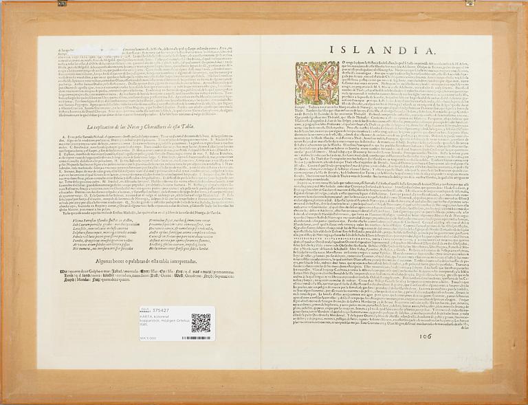 KARTA, kolorerat kopparstick, möjligen Ortelius 1585.