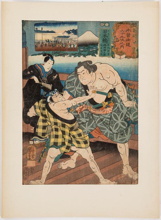 Eight UTAGAWA KUNIYOSHI (1797/98-1861) colour woodblock prints, from 'Sixty-nine stations of Kisokaido Road'.