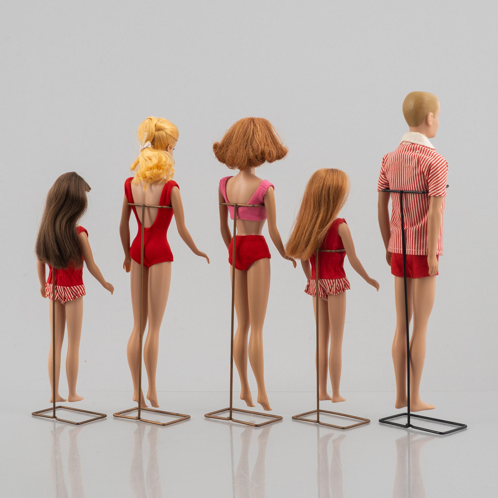 Barbie dolls, 5 pcs, including "Barbie Swirl Ponytail Blonde" & "Skipper Red Hair", Mattel, 1960s.