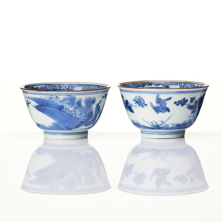 A matched set of eight blue and white cups and stands, Qing dynasty, Kangxi (1662-1722).