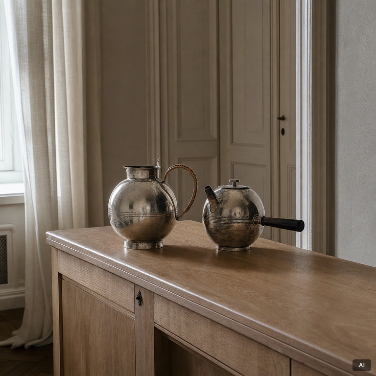 Sylvia Stave, a silver-plate tea pot and silver-plate jug, C.G.Hallberg, Sweden, first half of the 20th century.