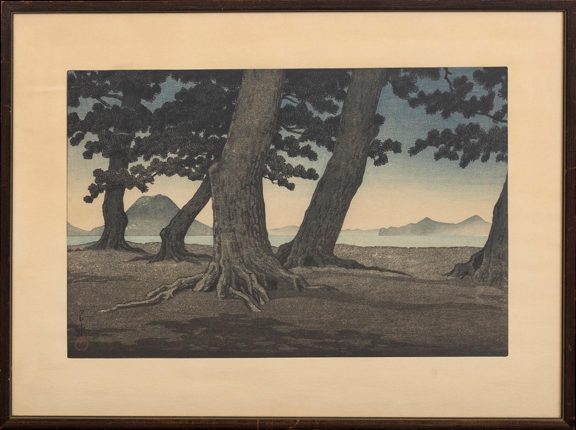 A Japanese woodblock print by Kawase Hasui titled "Pine Trees at Toyama, 20th Century.