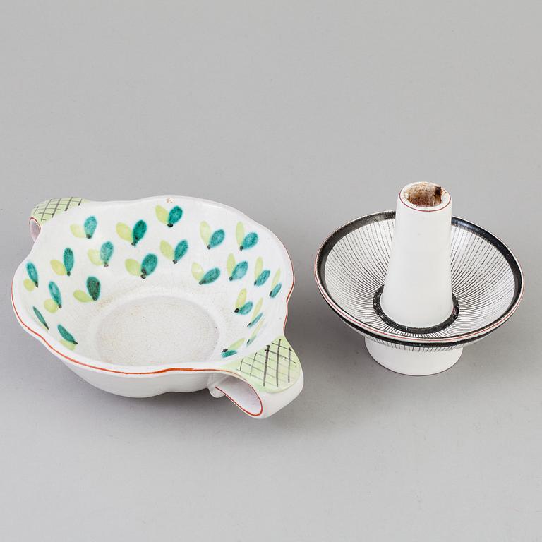 A Stig Lindberg faience candle-stick and  a bowl, 1940's.