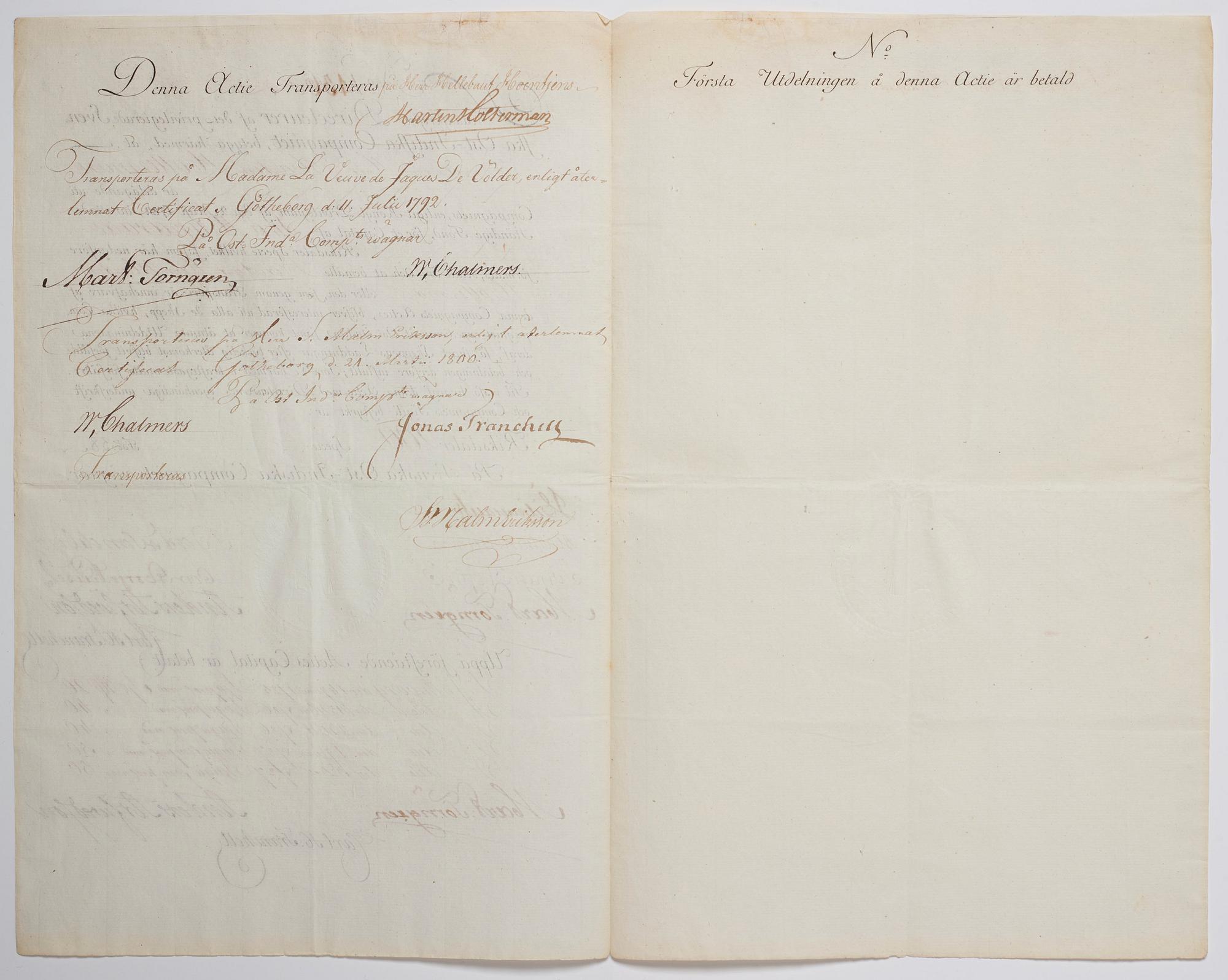 A Swedish East India share certificate, 1780's.