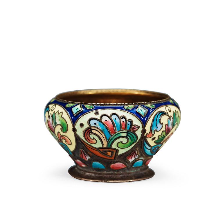 A Russian 19th century silver-gilt and enamel salt, makers mark of the 6th Artel, Moscow.