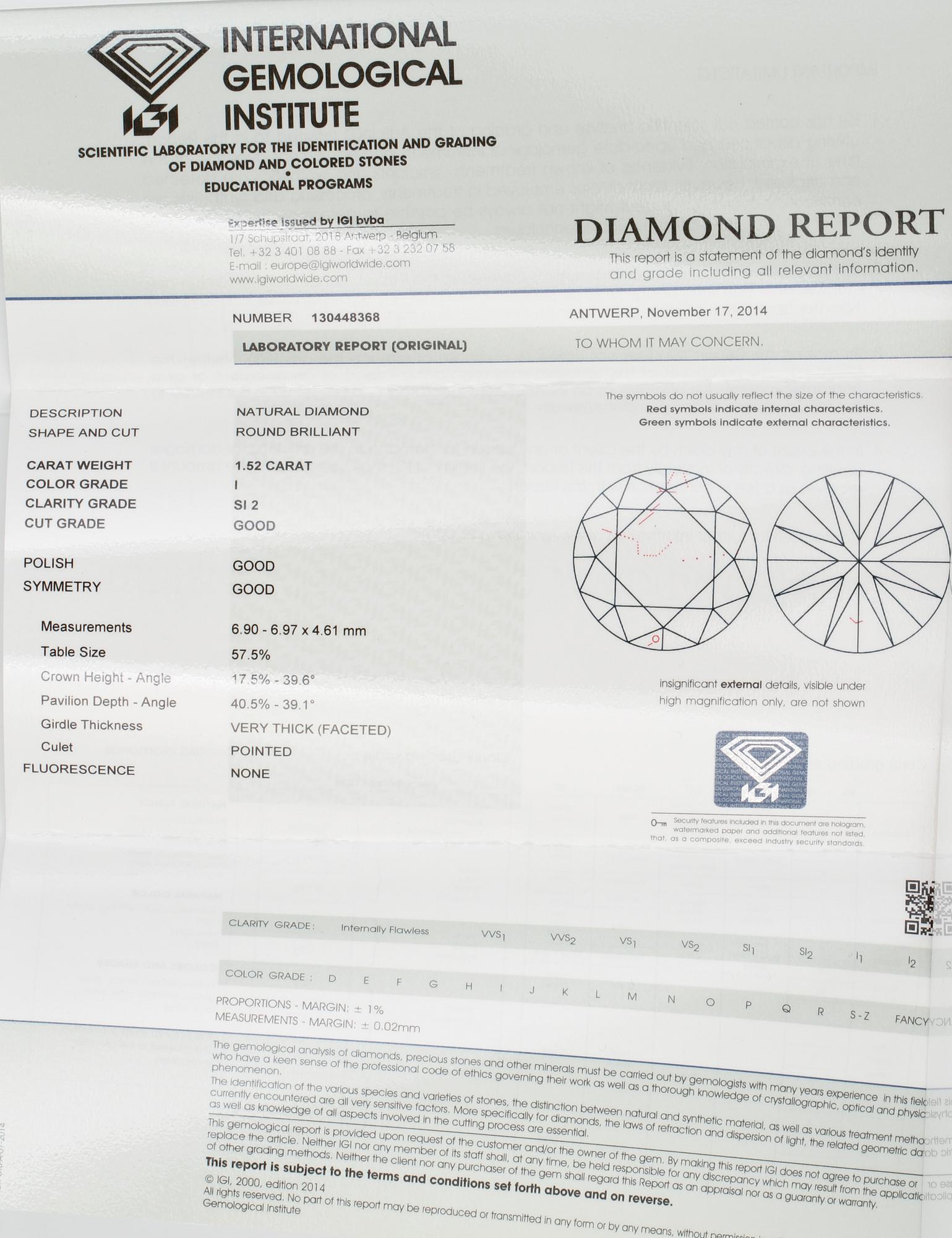 HÄNGE, med briljantslipad diamant ca 1.52 ct. Vikt 4,7 gram.