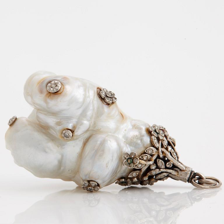 A pendant of a baroque shaped, natural pearl, decorated with rose cut diamonds.