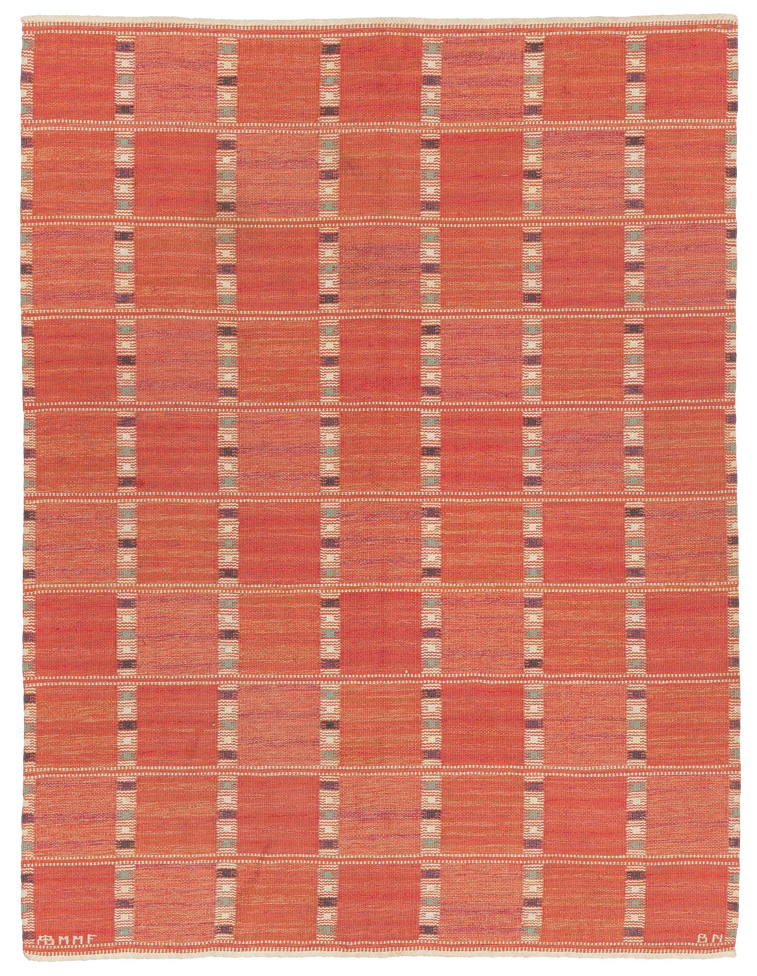 Barbro Nilsson, matta, "Falurutan, röd Borås" rölakan, ca 246 x 187 cm, signerad AB MMF BN.