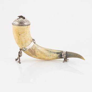 Drinking horn, horn and silver, Samuel Petterson & Carl Olof Holm, Linköping, Norrköping, 1854-63.