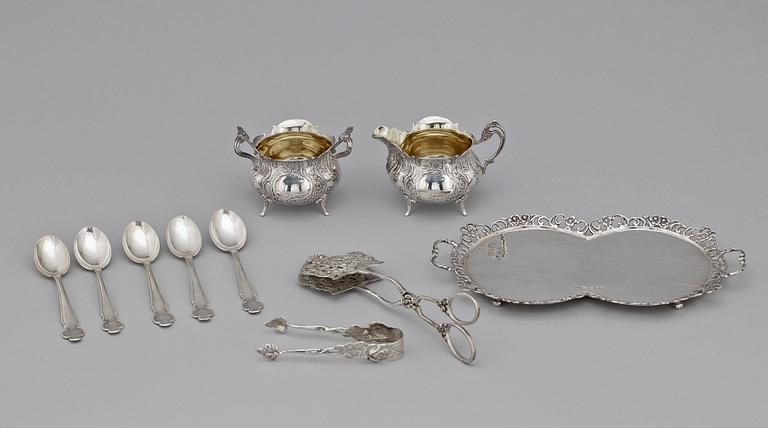 PARTI SILVER, 10 delar, bland annat Silvervarufabriken AB, Malmö, 1957. Vikt 507g.