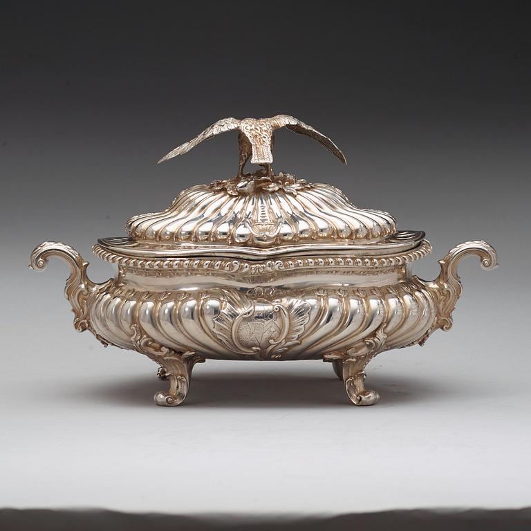 A pair of English mid 18th century silver tureens, marks of Frederick Kandler, London 1755.