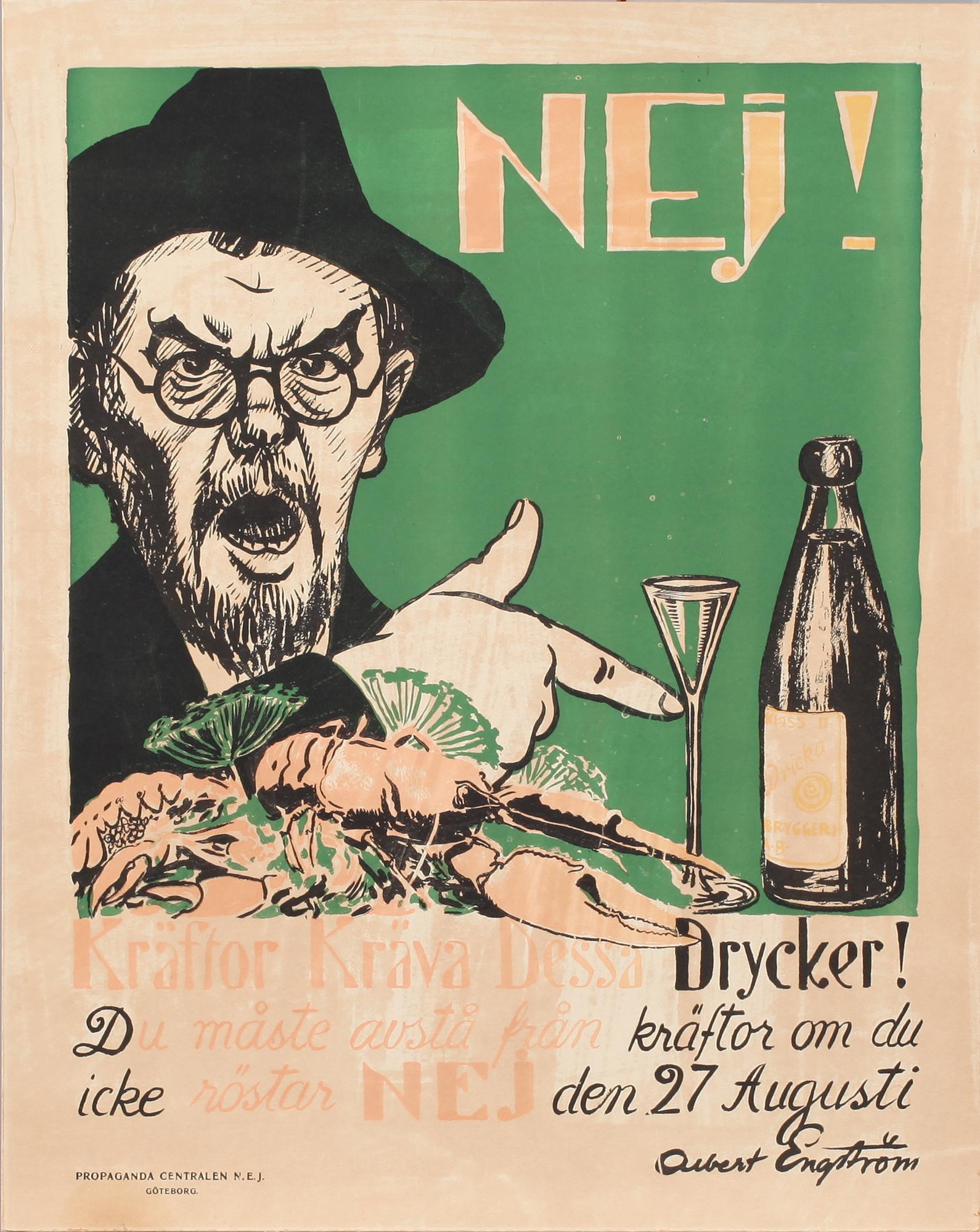 FÖRBUDSAFFISCH, Albert Engström, efter, utgiven av Propagande centralen N.E.J, omkring 1900-talets mitt.