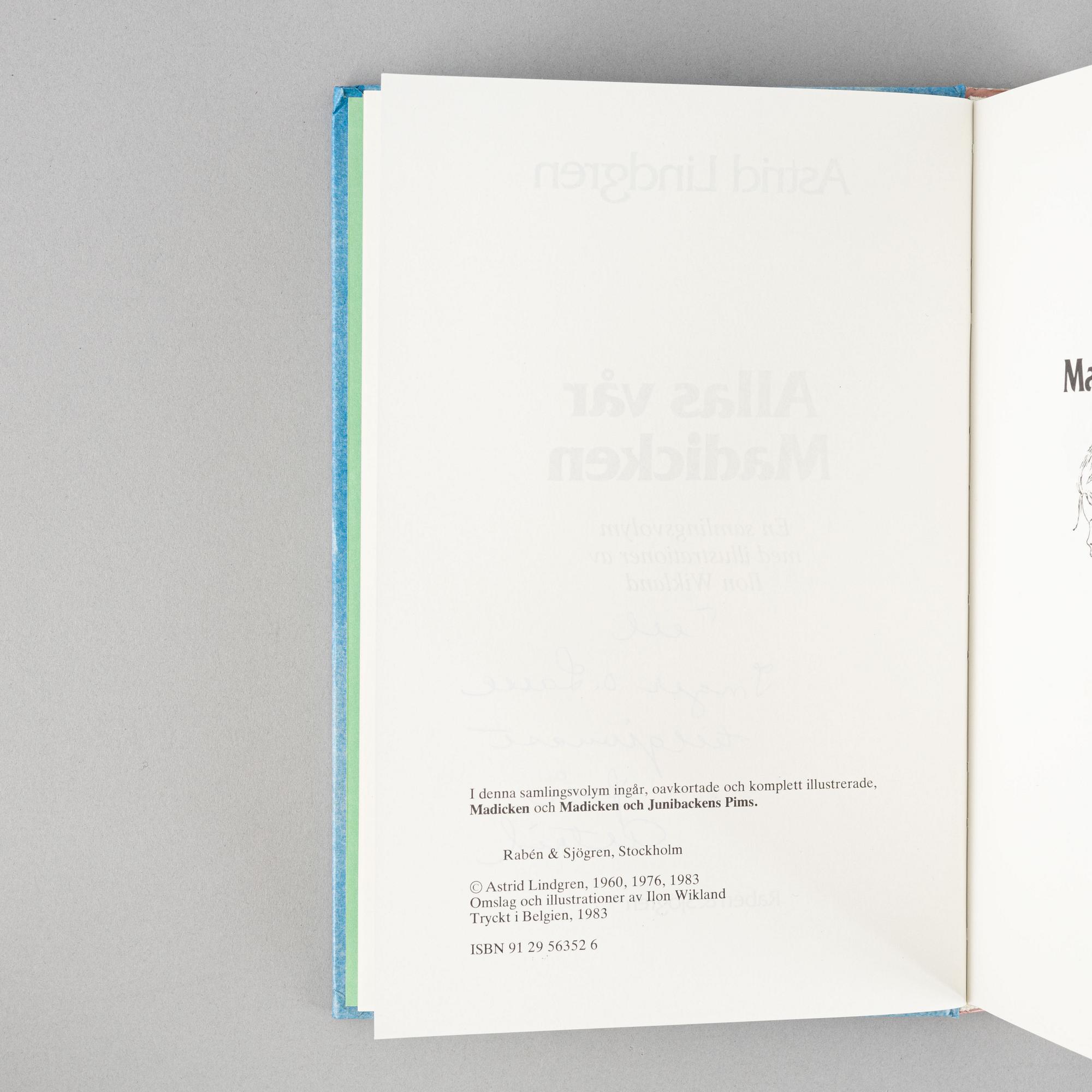 Ten children's books with dedications, including Astrid Lindgren. Provenance: the authors Inger and Lasse Sandberg.