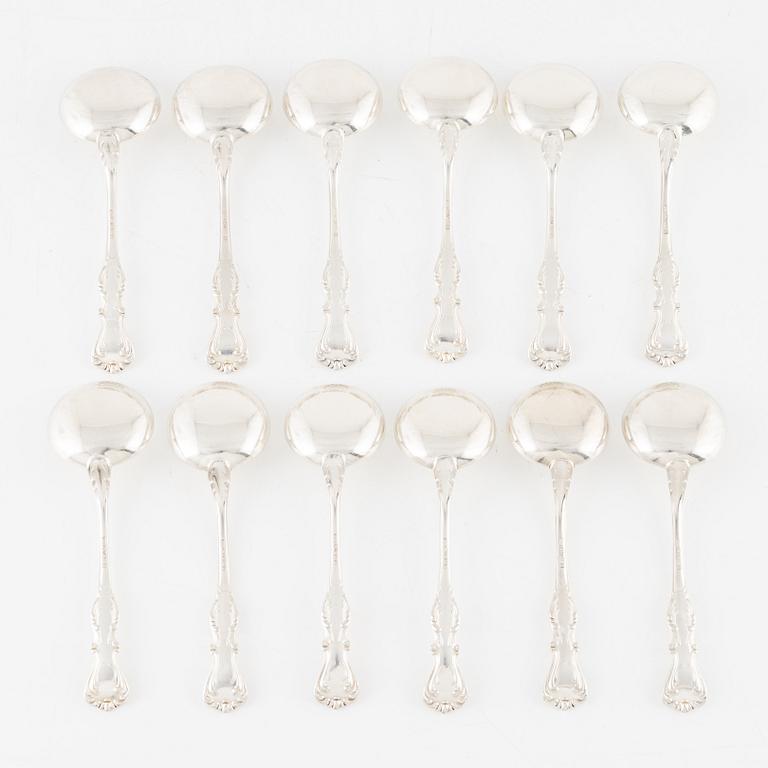 Buljongskedar, 12 st, silver, modell Olga, CG Hallberg, Stockholm, 1949-55.