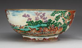 A large famille rose 'European Subject' Hunting punch bowl, Qing dynasty, Qianlong (1736-95).