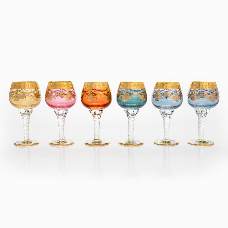 A set of six late 20th century Murano glasses, Italy,.
