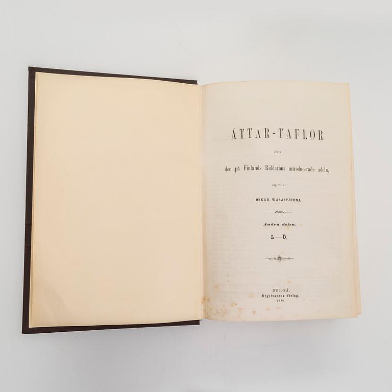 Two volumes of Oskar Wasastjerna's  "Ättar-taflor", Porvoo 1879-1880.