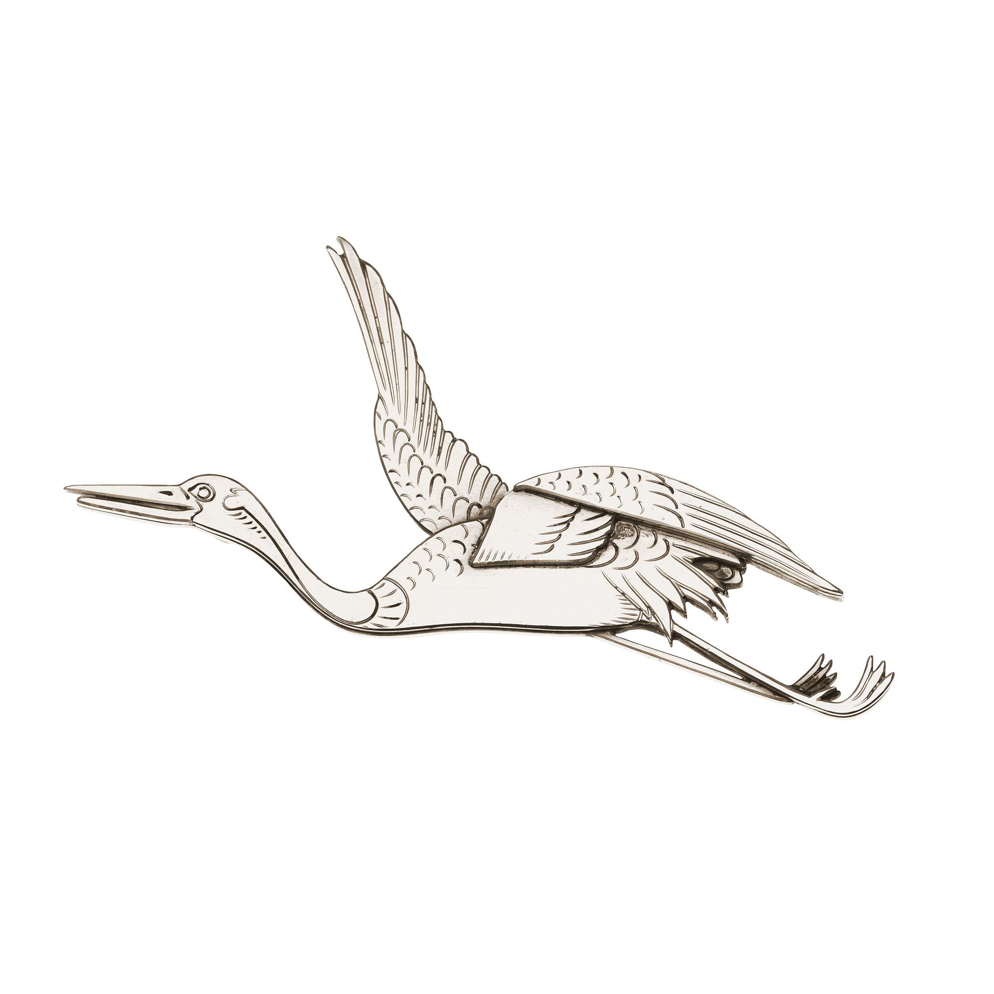 A Wiwen Nilsson sterling brooch of a flying crane, Lund 1965.