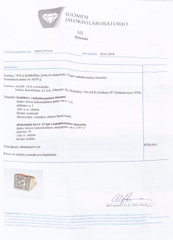 An 18K gold ring wit old cut diamonds, A. Tillander 1970.