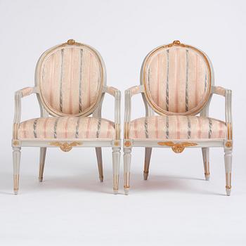 A pair of Gustavian carved armchairs, late 18th century.