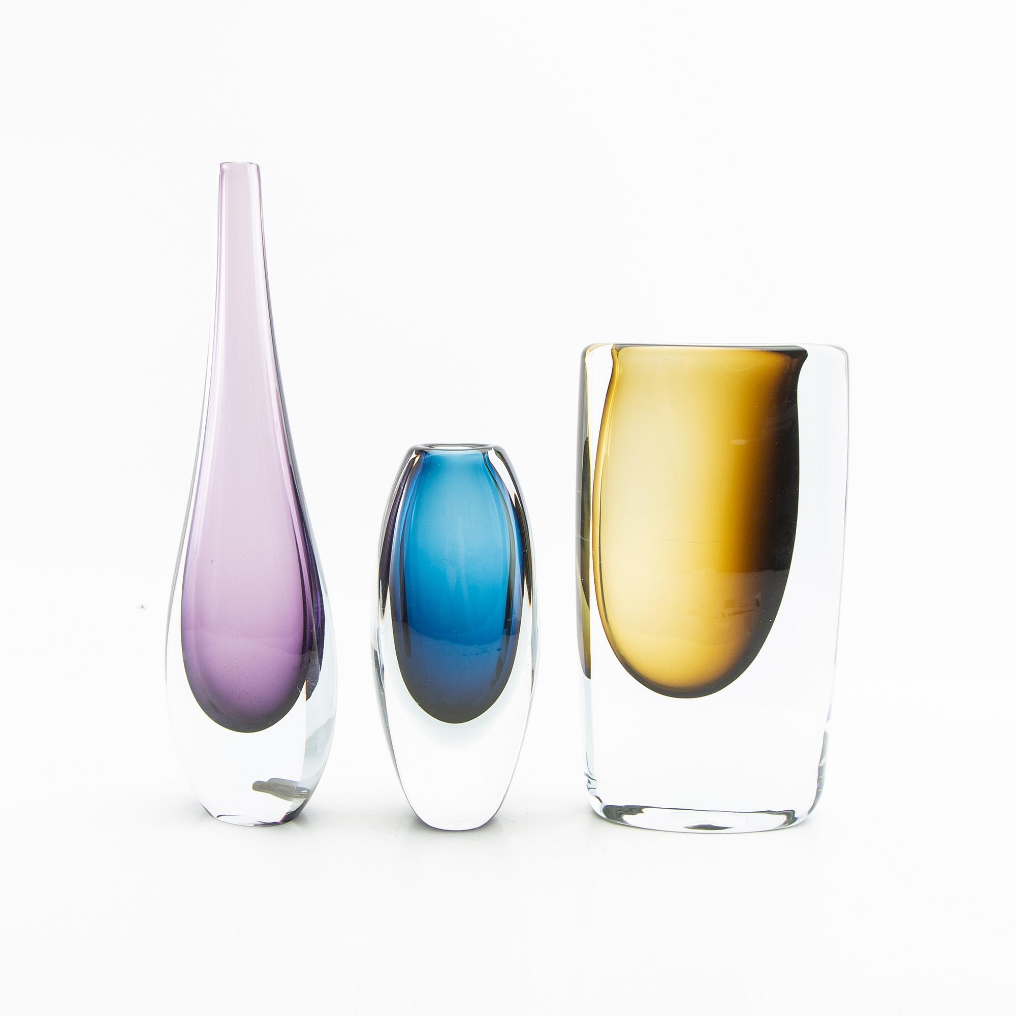 3 vases, Strömbergshyttan and Kosta.