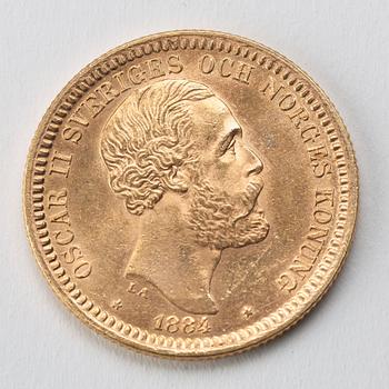 A gold coin, 20 swedish kronor, 1884, weight c 9 g.