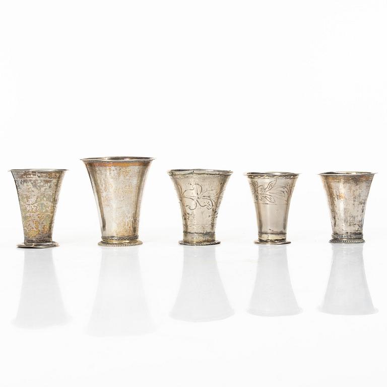 Five Swedish silver beakers, 18th/19th century.