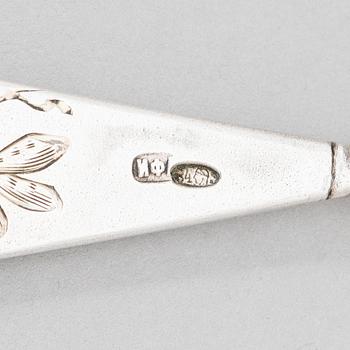 Three Russian silver tea strainer/ sprinkle spoons, late 19th to early 20th century.