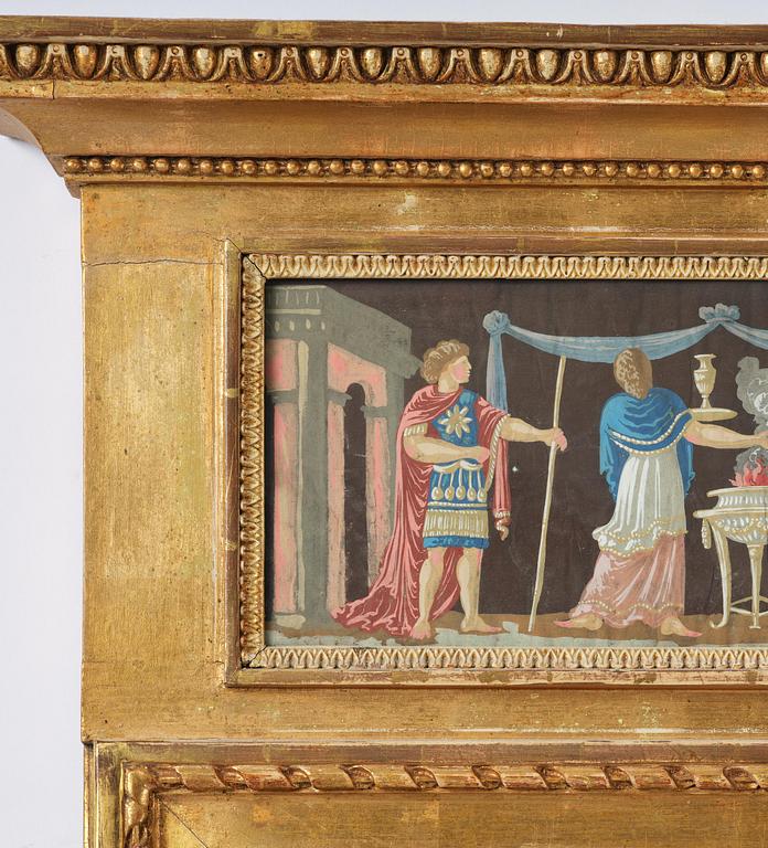 A late Gustavian giltwood and gouache-inset mirror, Stockholm, late 18th century.