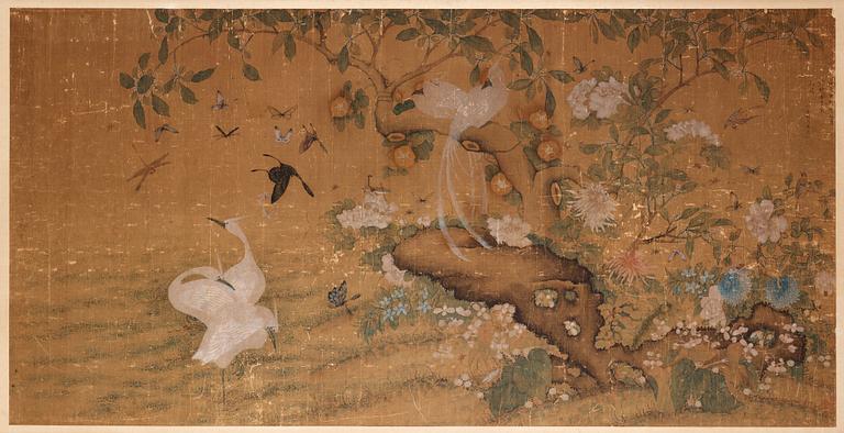 A painting with birds and butterflies in a flowering garden, Qing dynasty (1644-1912).