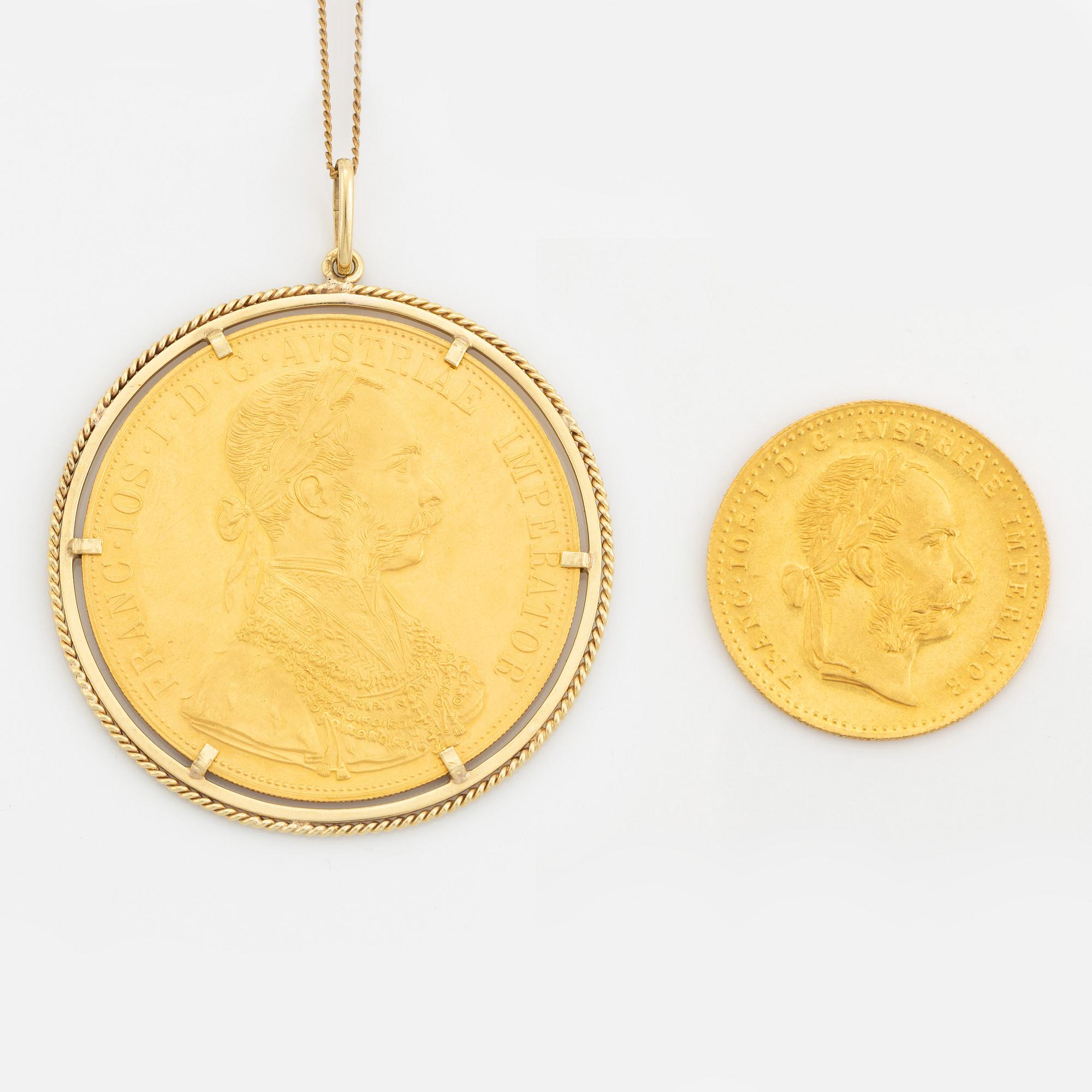 Hängsmycke med mynt, 23K guld, samt mynt, 23K guld, Österrike-Ungern, 1915.
