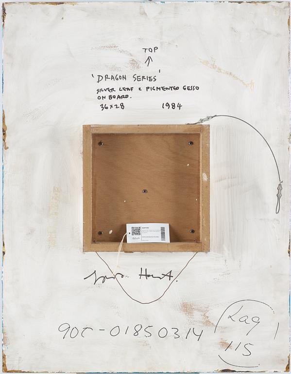 Gordon Hart, signed and dated 1984 on verso. Diptych. Gesso, silver leaf and metal leaf on panel.