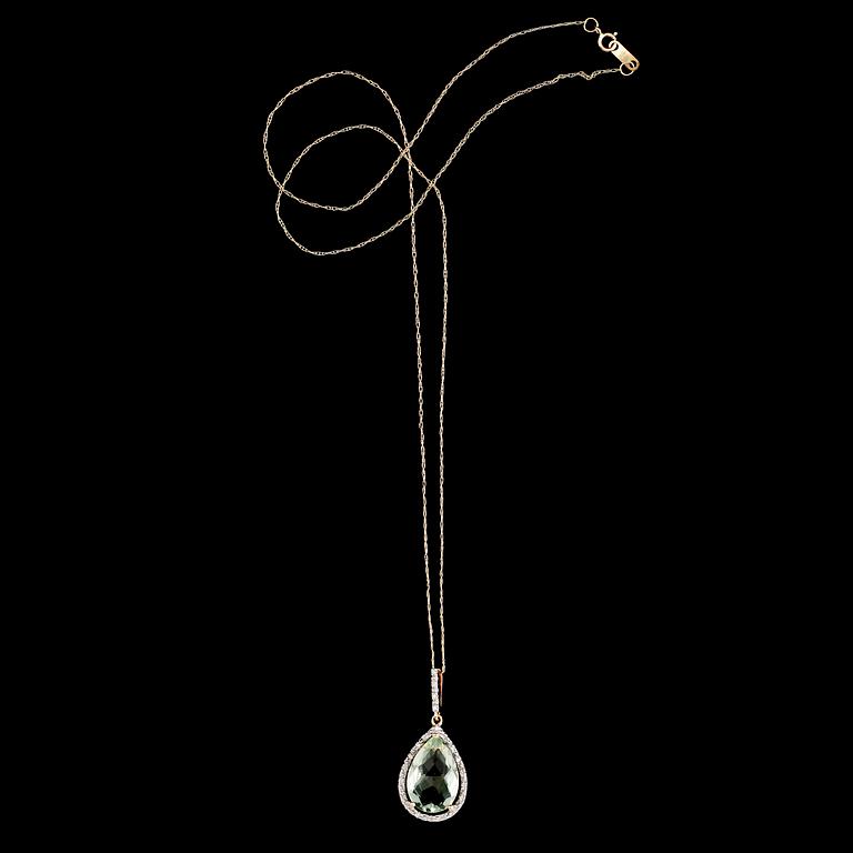 HÄNGE, 14 k guld, grön ametist och briljantslipade diamaneter tot 0.07 ct.