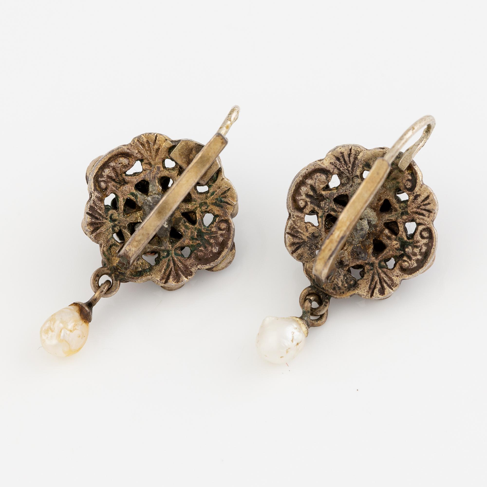 Earrings, two pairs, silver, enamel, pearls, glass stones.